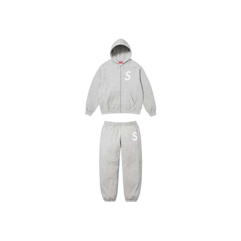 JeevzPlug grey cotton fleece Supreme S logo zip-up hoodie and matching joggers tracksuit set