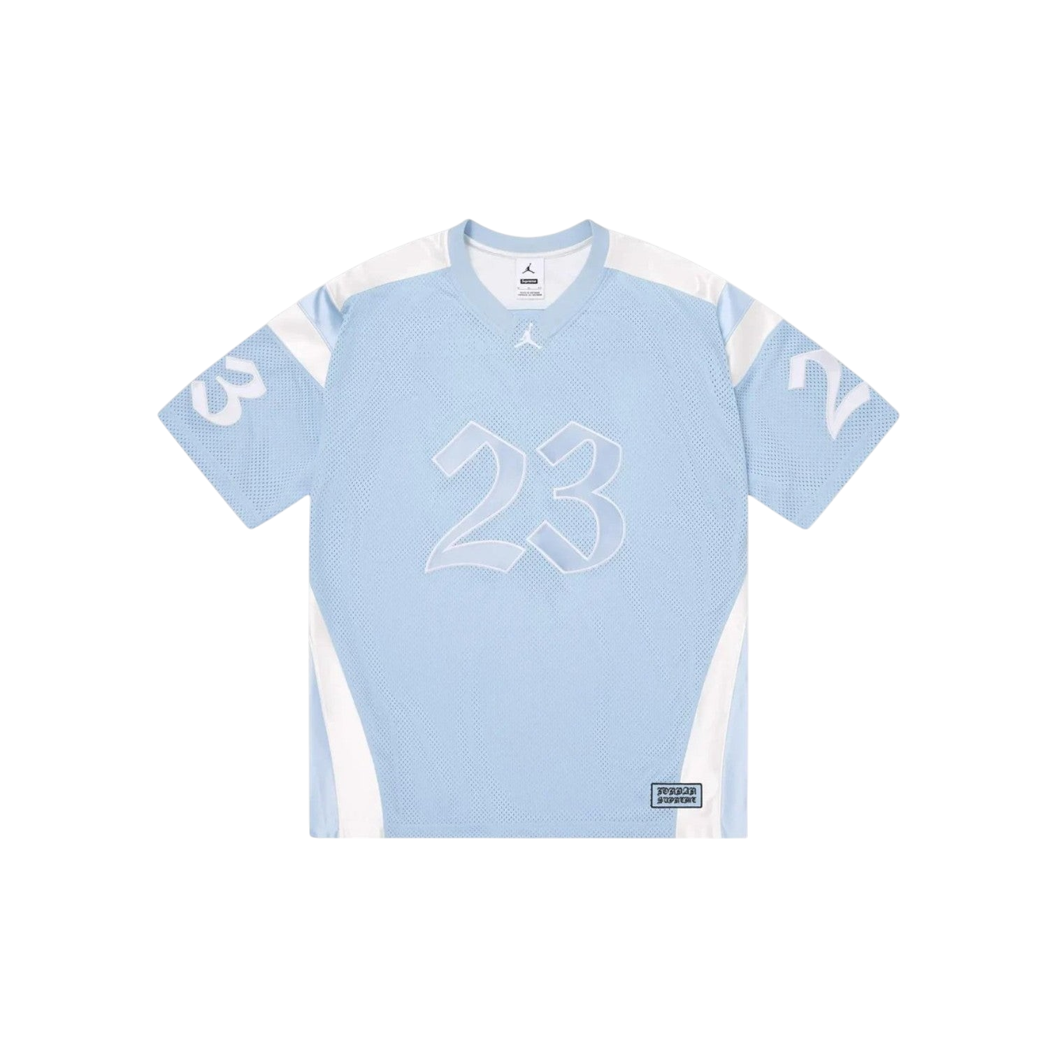 JeevzPlug Supreme x Jordan light blue mesh warm up jersey with white panels and number 23 graphics