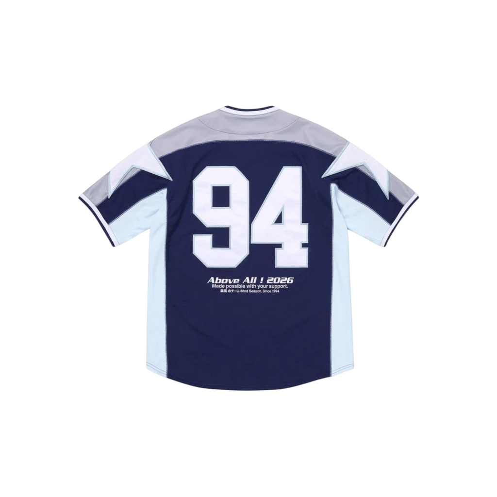 Back view of the JeevzPlug Supreme Stars Baseball Jersey in navy with white number 94 and star graphic details.