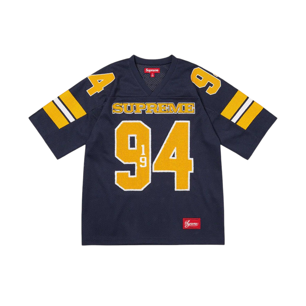 JeevzPlug Supreme navy mesh football jersey with yellow sequin number 94 and white sleeve stripes