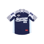 JeevzPlug Supreme Stars Baseball Jersey in navy with white star graphics, button-front, and Japanese text detailing.