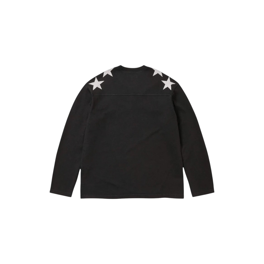 JeevzPlug Supreme x Playboy black long-sleeve football top with white star graphics on the shoulders.