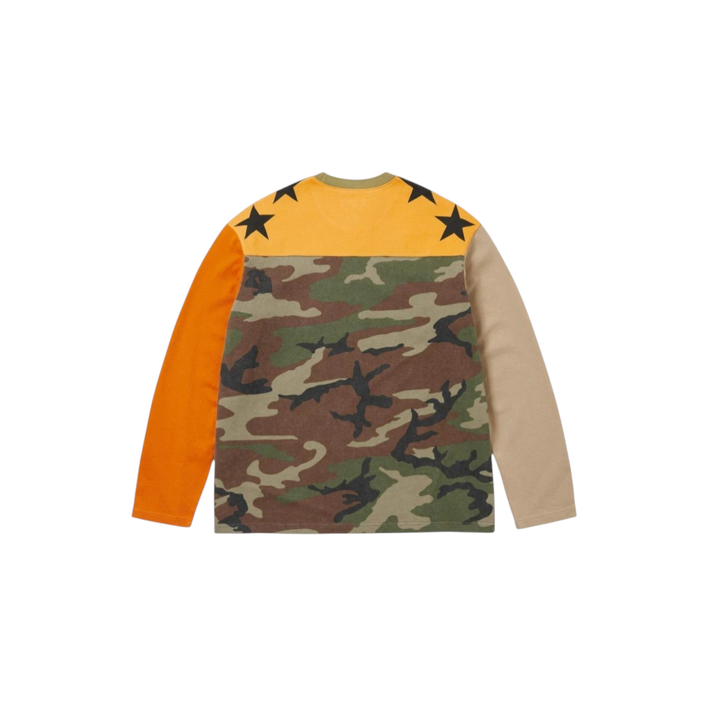 JeevzPlug Supreme x Playboy long-sleeve football top featuring a camouflage body, orange and tan sleeves, and star print