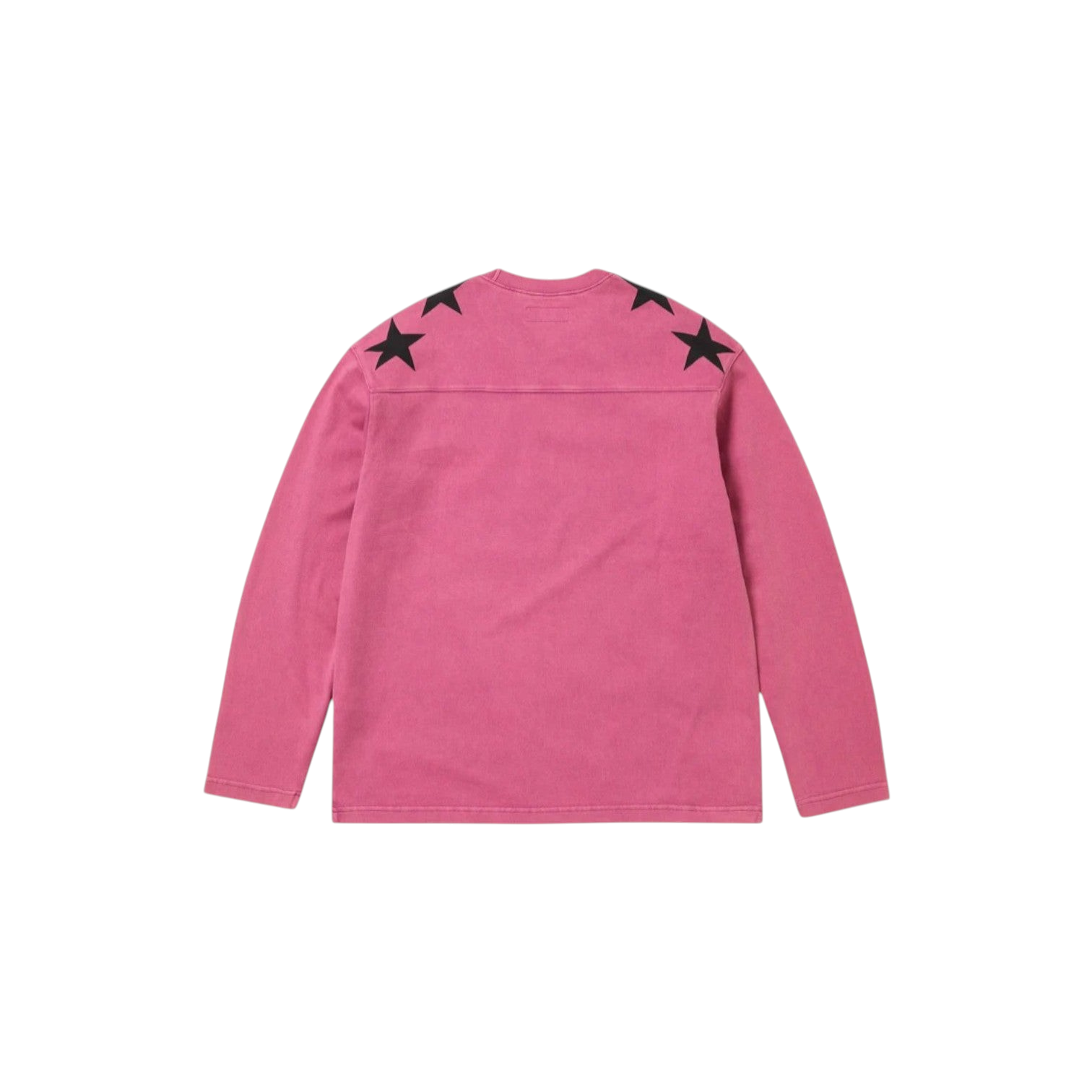 JeevzPlug Supreme x Playboy pink long-sleeve football top with black star graphics on the shoulders, back view.