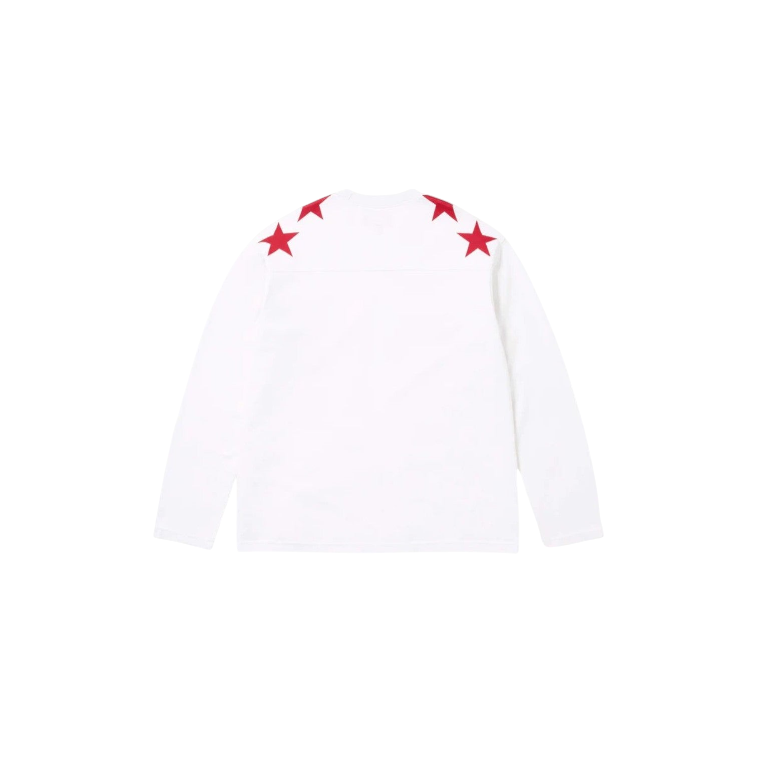 JeevzPlug Supreme x Playboy white long-sleeve football top with red star graphics on the shoulders, back view
