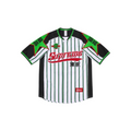 JeevzPlug Supreme white baseball jersey with green and black stripes, red logo, and star sleeve detailing.