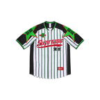 JeevzPlug Supreme white baseball jersey with green and black stripes, red logo, and star sleeve detailing.