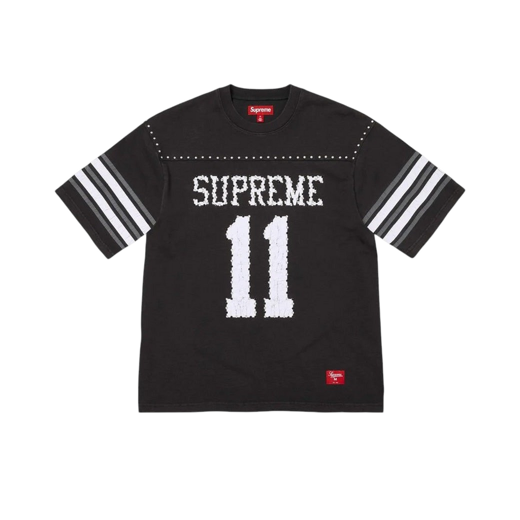 JeevzPlug Supreme black studded short sleeve football jersey with white number 11 and striped sleeves
