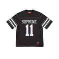 JeevzPlug Supreme black studded short sleeve football jersey with white number 11 and striped sleeves