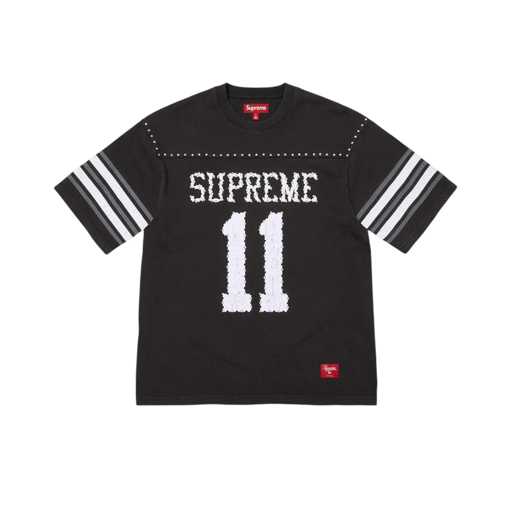 JeevzPlug Supreme black studded short sleeve football jersey with white number 11 and striped sleeves