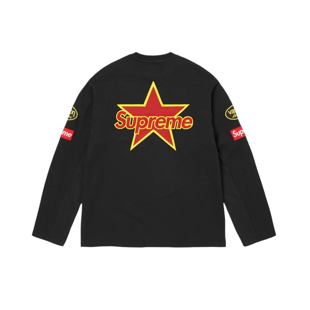 JeevzPlug Supreme Vanson Leathers long sleeve top in black with a large red star logo and racing patches on the back