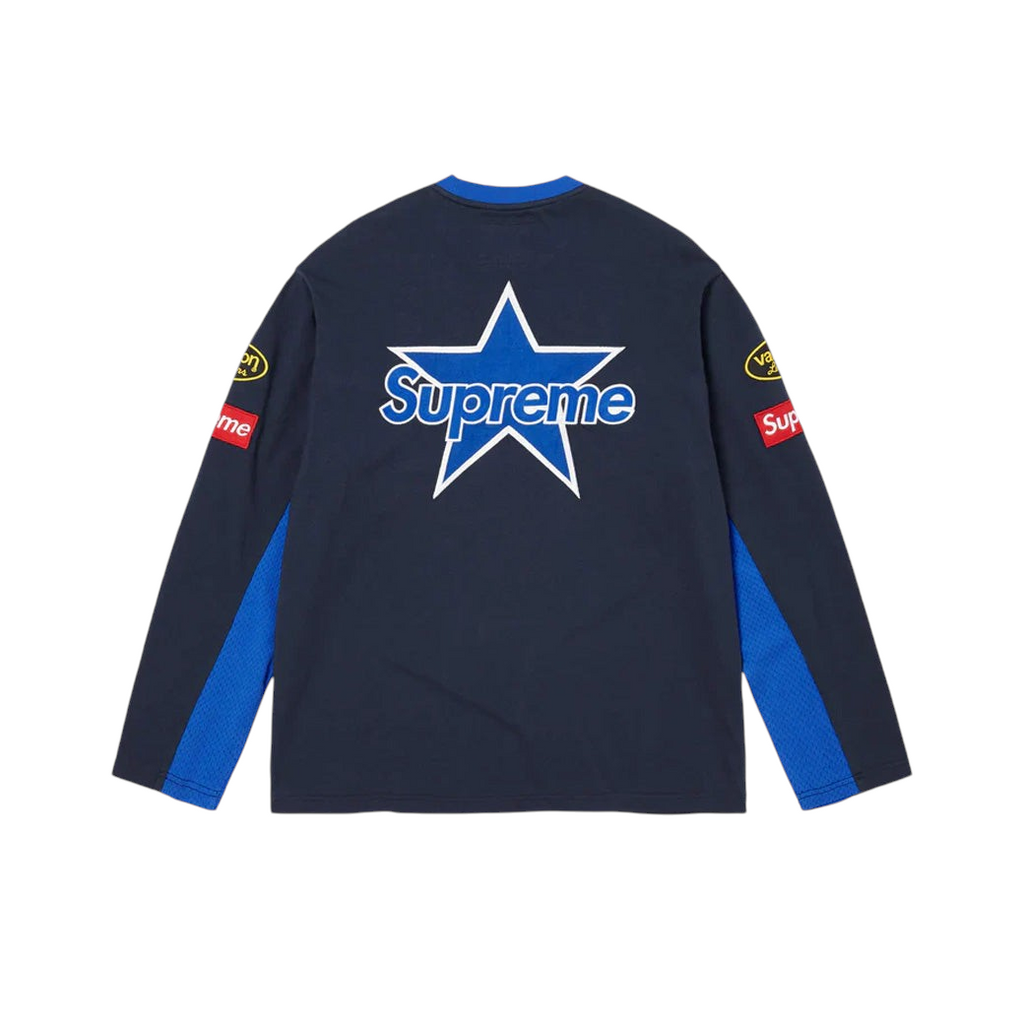JeevzPlug Supreme Vanson Leathers long sleeve top in navy with a large white star logo and racing patches on the back