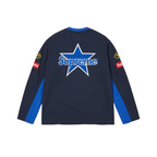 JeevzPlug Supreme Vanson Leathers long sleeve top in navy with a large white star logo and racing patches on the back