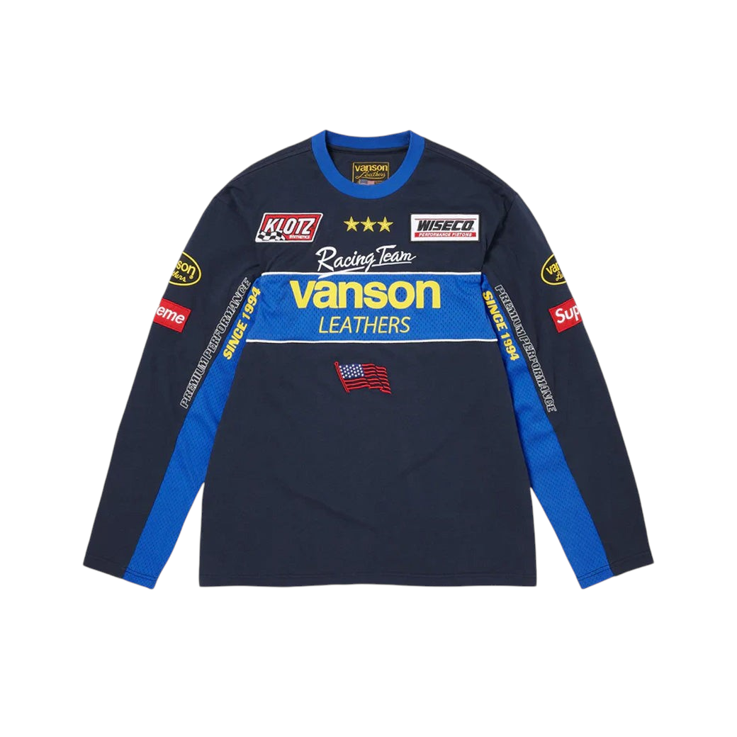 JeevzPlug Supreme Vanson Leathers navy long sleeve top with racing patches, mesh panels, and graphic branding.