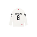 JeevzPlug white long-sleeve football top with black Supreme branding and number 8 graphics on chest and sleeves.