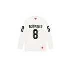 JeevzPlug white long-sleeve football top with black Supreme branding and number 8 graphics on chest and sleeves.