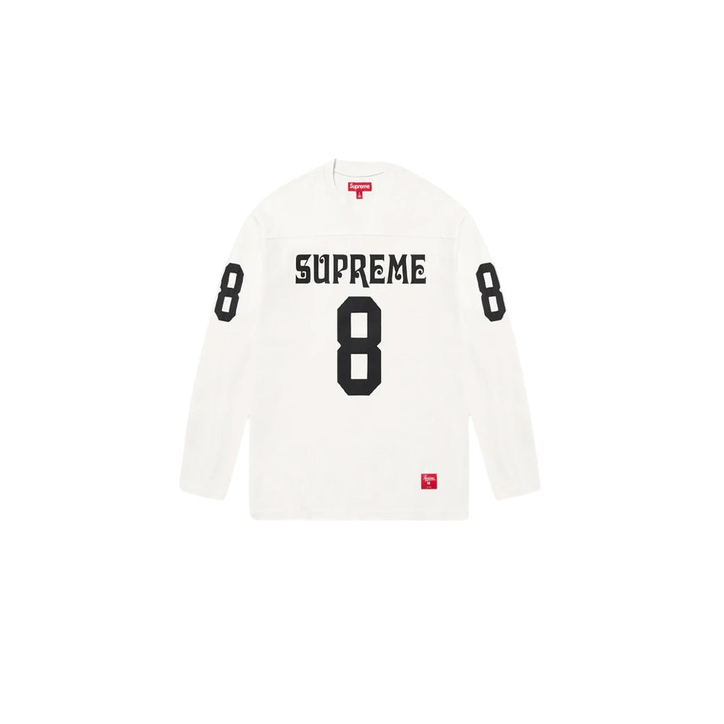 JeevzPlug white long-sleeve football top with black Supreme branding and number 8 graphics on chest and sleeves.
