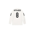 JeevzPlug Supreme Affiliated long-sleeve white football top with black number 8 graphic on the back