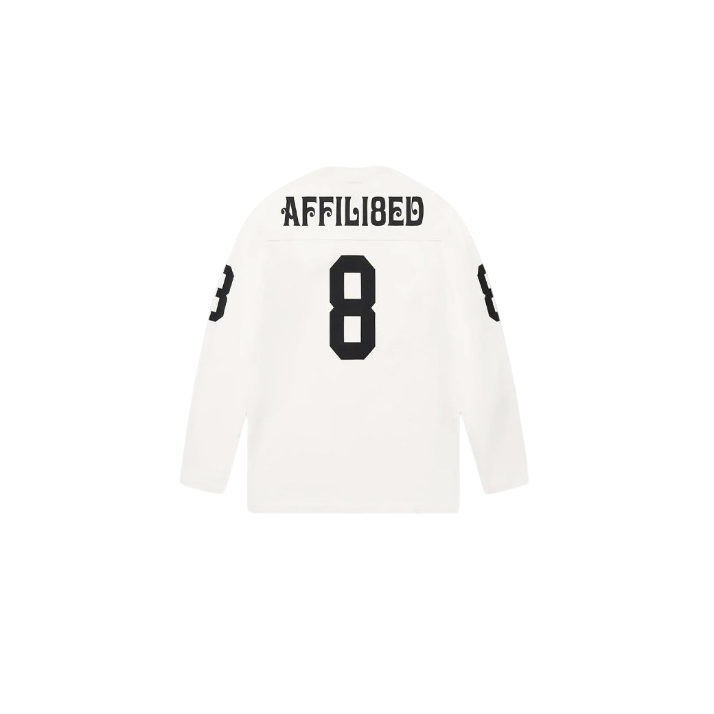 JeevzPlug Supreme Affiliated long-sleeve white football top with black number 8 graphic on the back