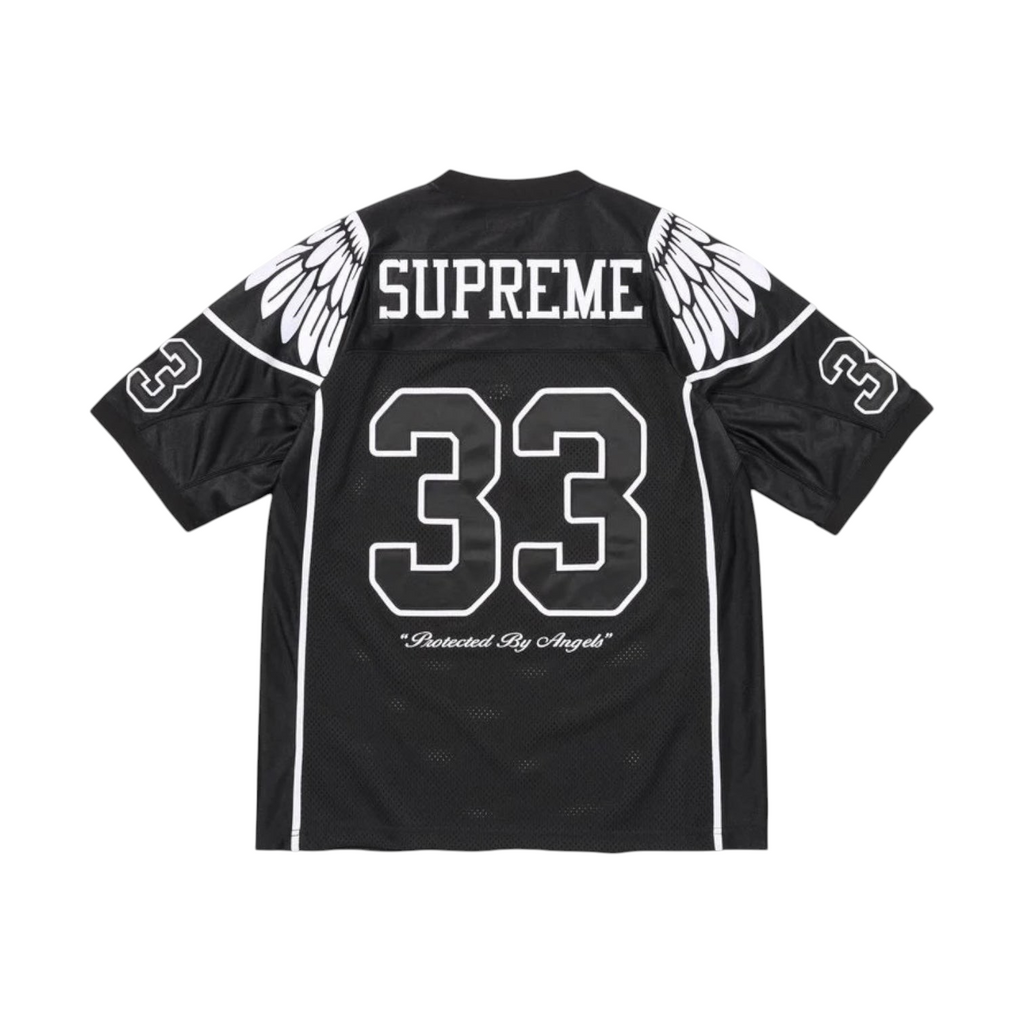 JeevzPlug Supreme Wings football jersey in black poly eyelet mesh with white wing graphics and number 33 back print