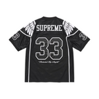 JeevzPlug Supreme Wings football jersey in black poly eyelet mesh with white wing graphics and number 33 back print