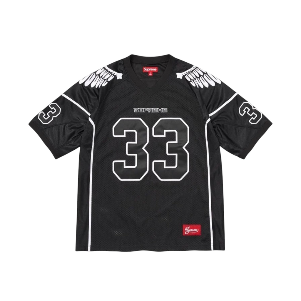 JeevzPlug Supreme Wings football jersey in black poly eyelet mesh with white number 33 and wing graphic details.