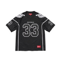 JeevzPlug Supreme Wings football jersey in black poly eyelet mesh with white number 33 and wing graphic details.