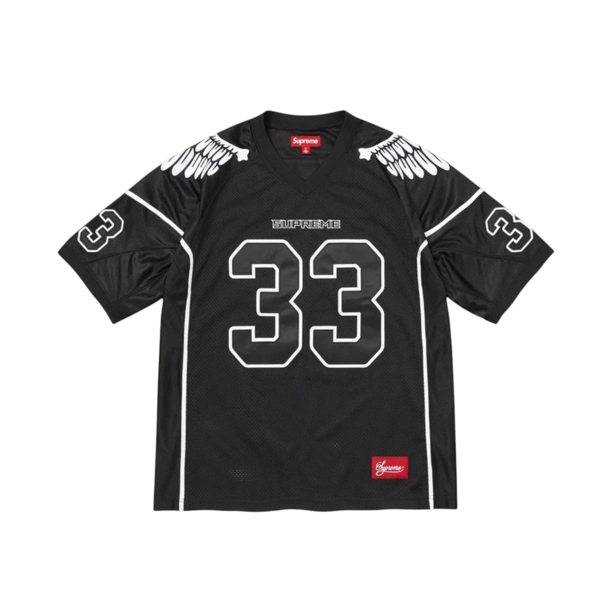 JeevzPlug Supreme Wings football jersey in black poly eyelet mesh with white number 33 and wing graphic details.