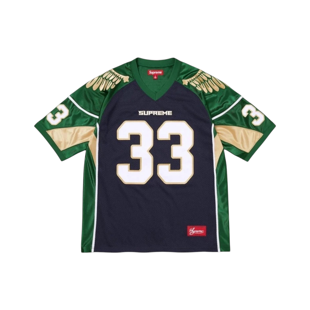 JeevzPlug Supreme Wings football jersey in navy and green poly eyelet mesh with number 33 and gold wing graphics.