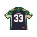 JeevzPlug Supreme Wings football jersey in navy and green poly eyelet mesh with number 33 and gold wing graphics.