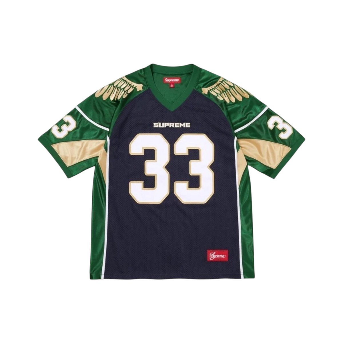 JeevzPlug Supreme Wings football jersey in navy and green poly eyelet mesh with number 33 and gold wing graphics.