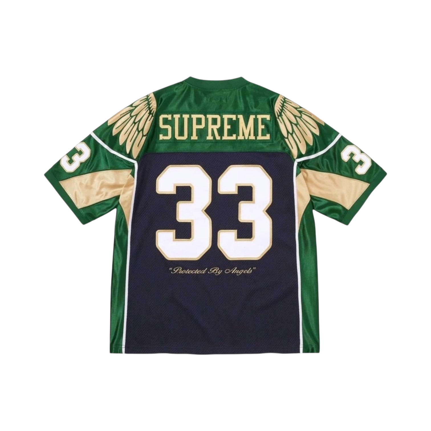 JeevzPlug Supreme Wings football jersey in navy and green poly mesh with number 33 and angel wing graphic details.