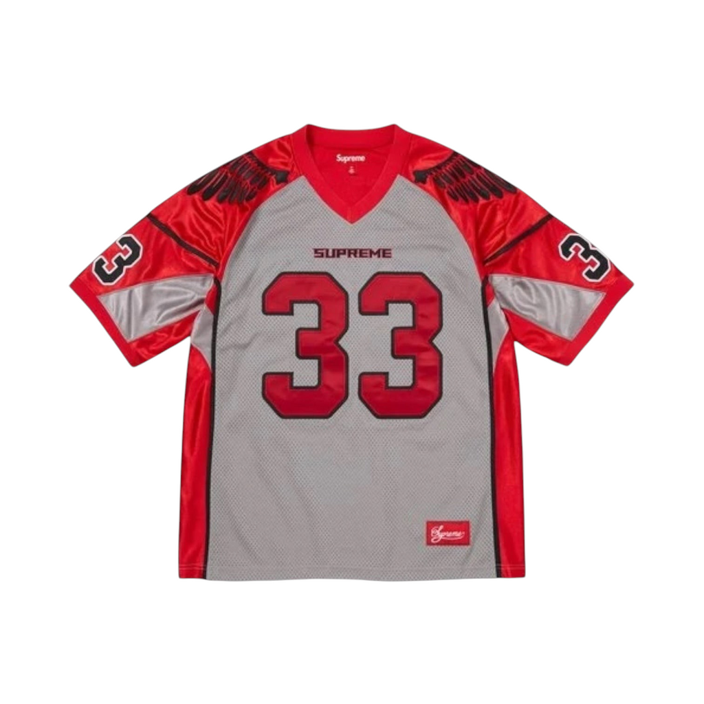 JeevzPlug Supreme Wings football jersey in grey and red poly eyelet mesh with number 33 and wing shoulder details.