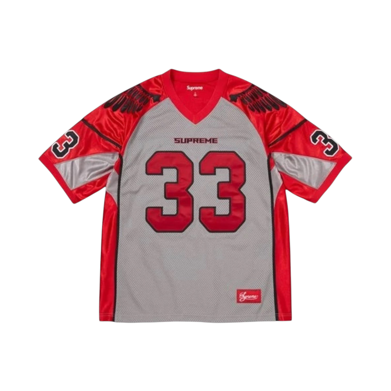 JeevzPlug Supreme Wings football jersey in grey and red poly eyelet mesh with number 33 and wing shoulder details.