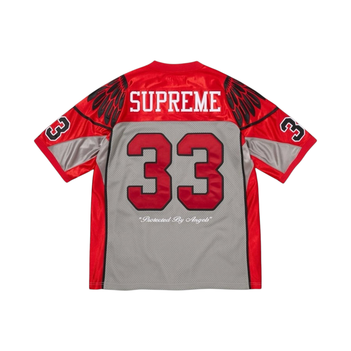 JeevzPlug Supreme Wings football jersey in grey and red poly mesh with number 33 and wing graphics on shoulders