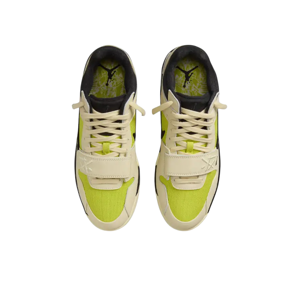JeevzPlug Travis Scott x Jordan Jumpman Jack TR sneakers in bright cactus green and muslin with a midfoot strap.