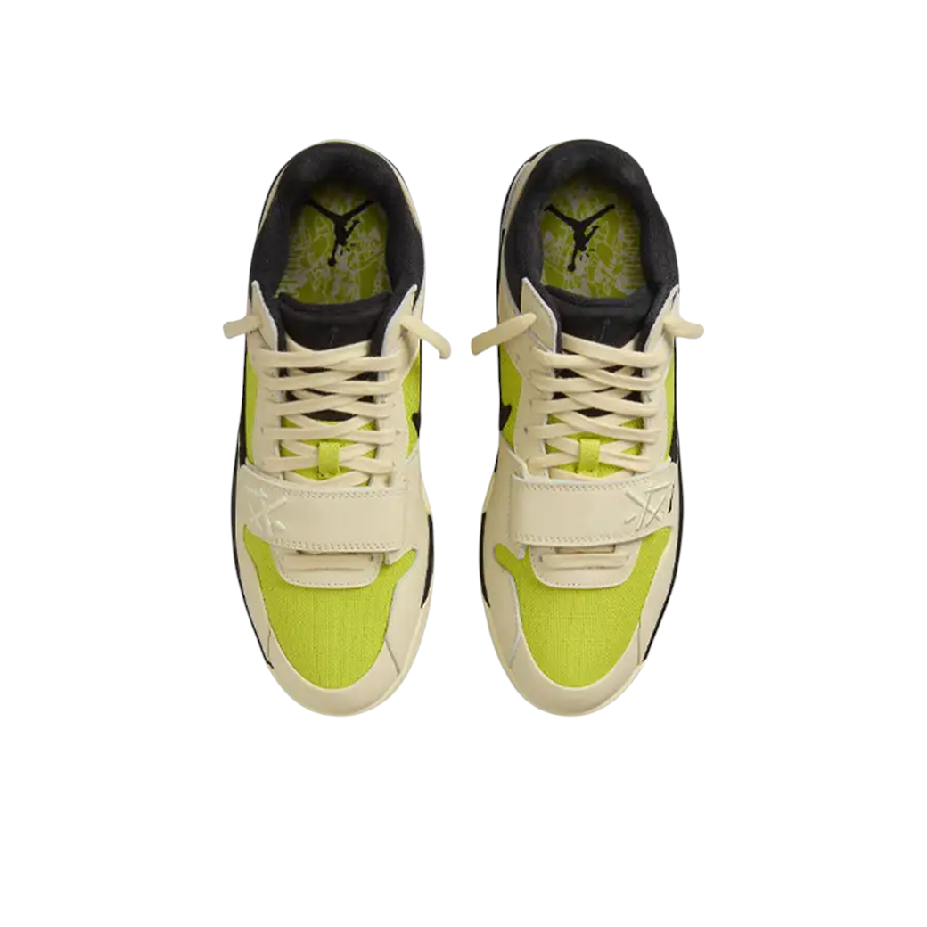 JeevzPlug Travis Scott x Jordan Jumpman Jack TR sneakers in bright cactus green and muslin with a midfoot strap.