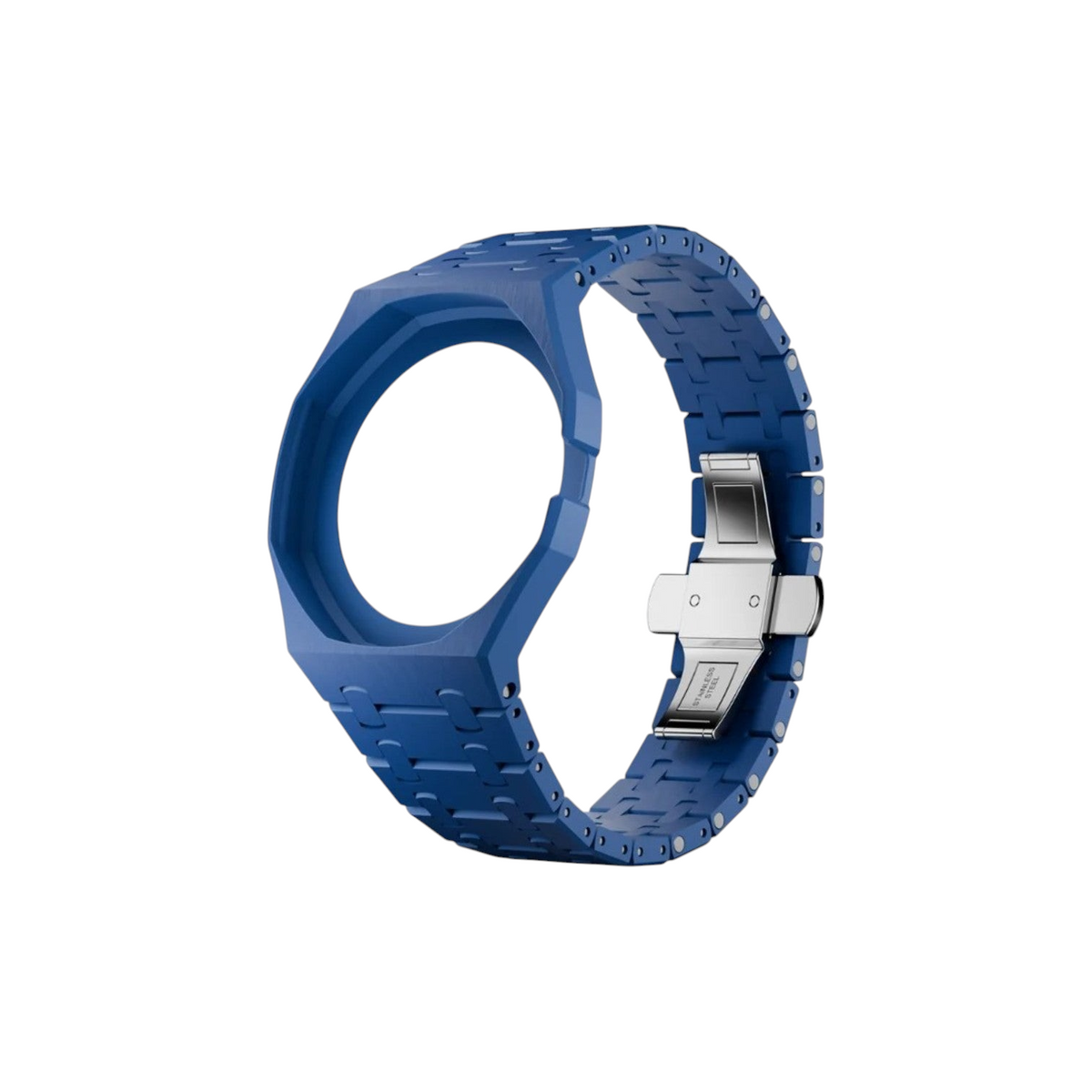 JeevzPlug blue bioceramic watch case and strap with octagonal bezel design and stainless steel butterfly clasp