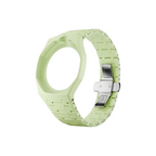 JeevzPlug light green bioceramic watch case and integrated bracelet with octagonal bezel and stainless steel clasp