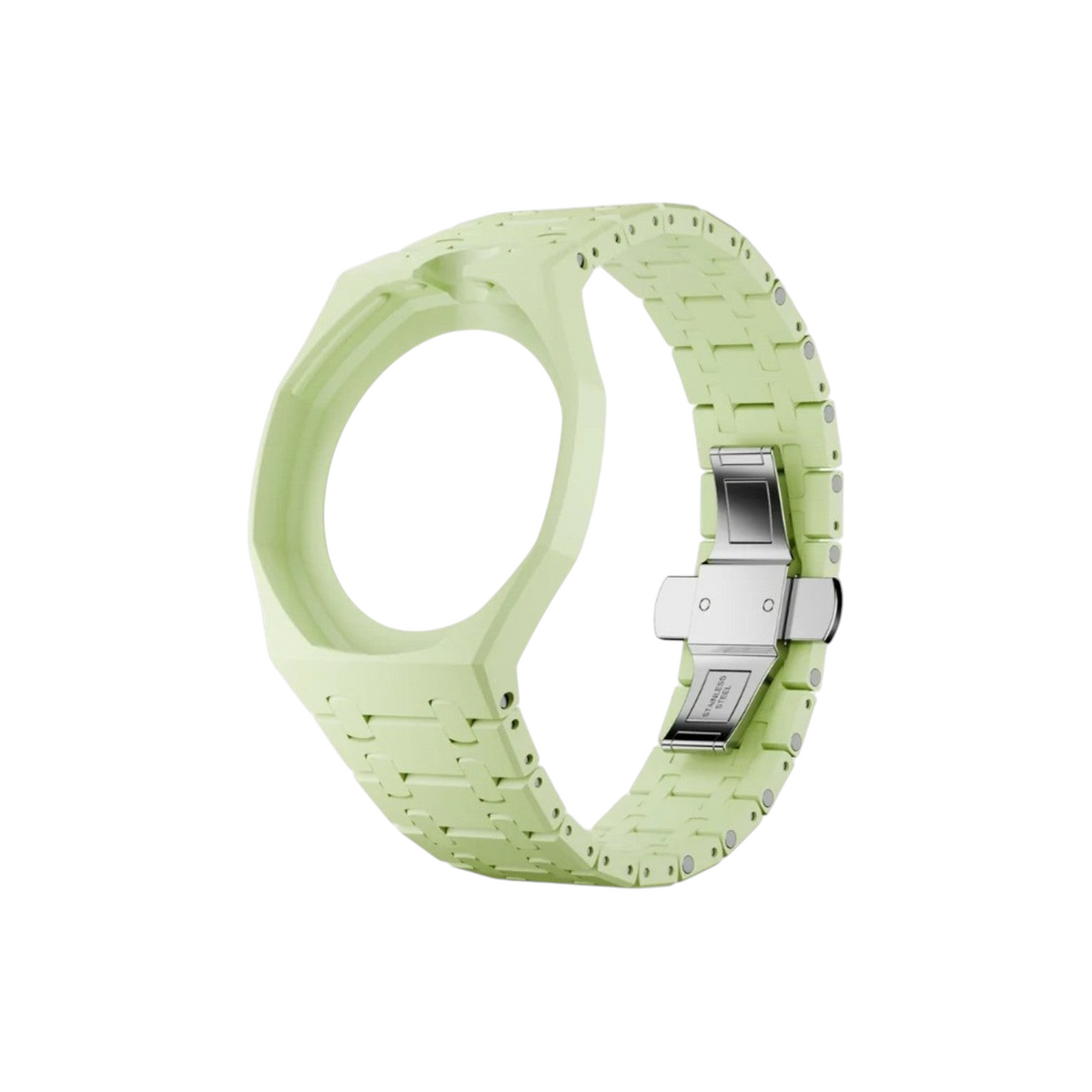 JeevzPlug light green bioceramic watch case and integrated bracelet with octagonal bezel and stainless steel clasp