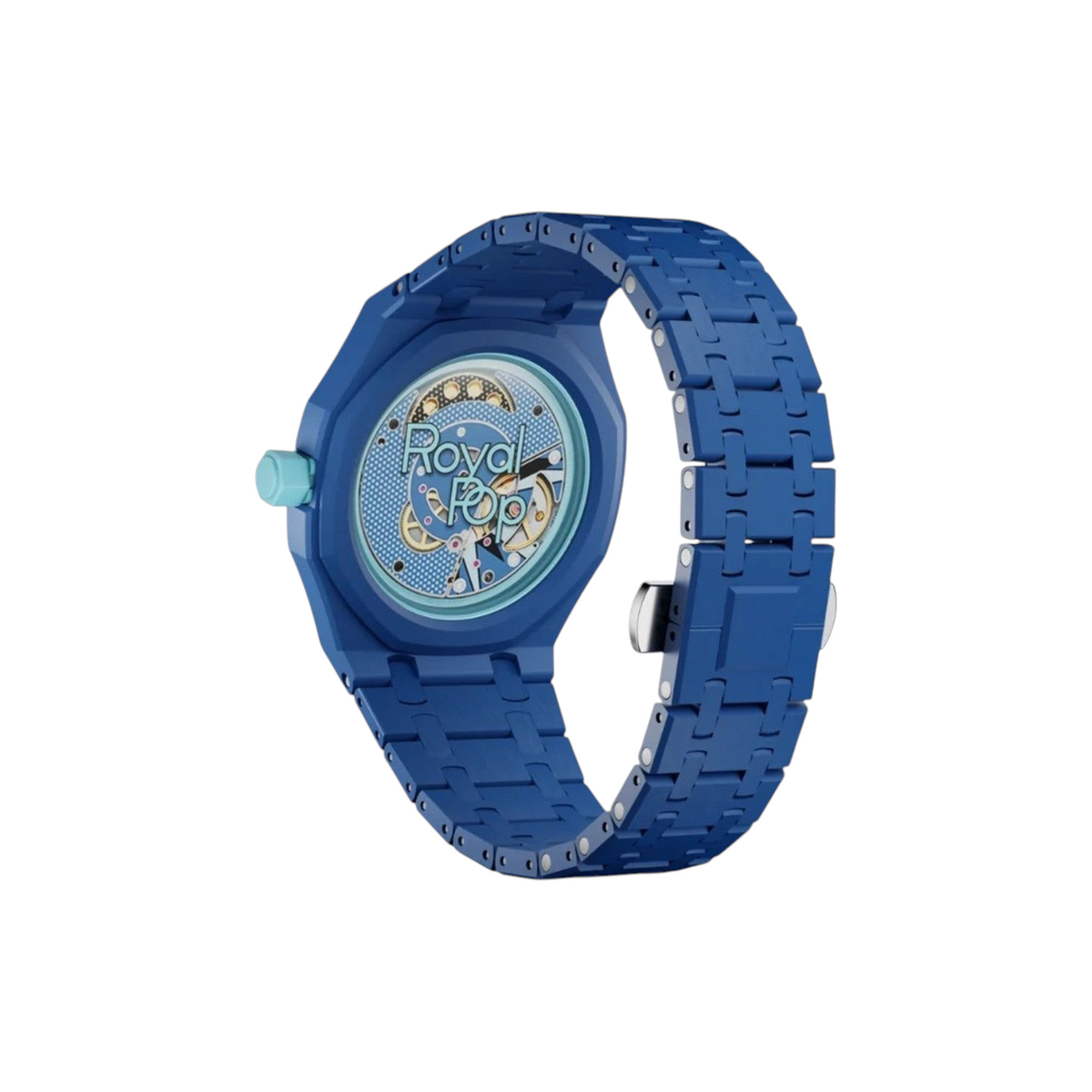 JeevzPlug blue bioceramic watch strap and case for Swatch x Audemars Piguet Royal Pop Lan Ba with octagonal design.