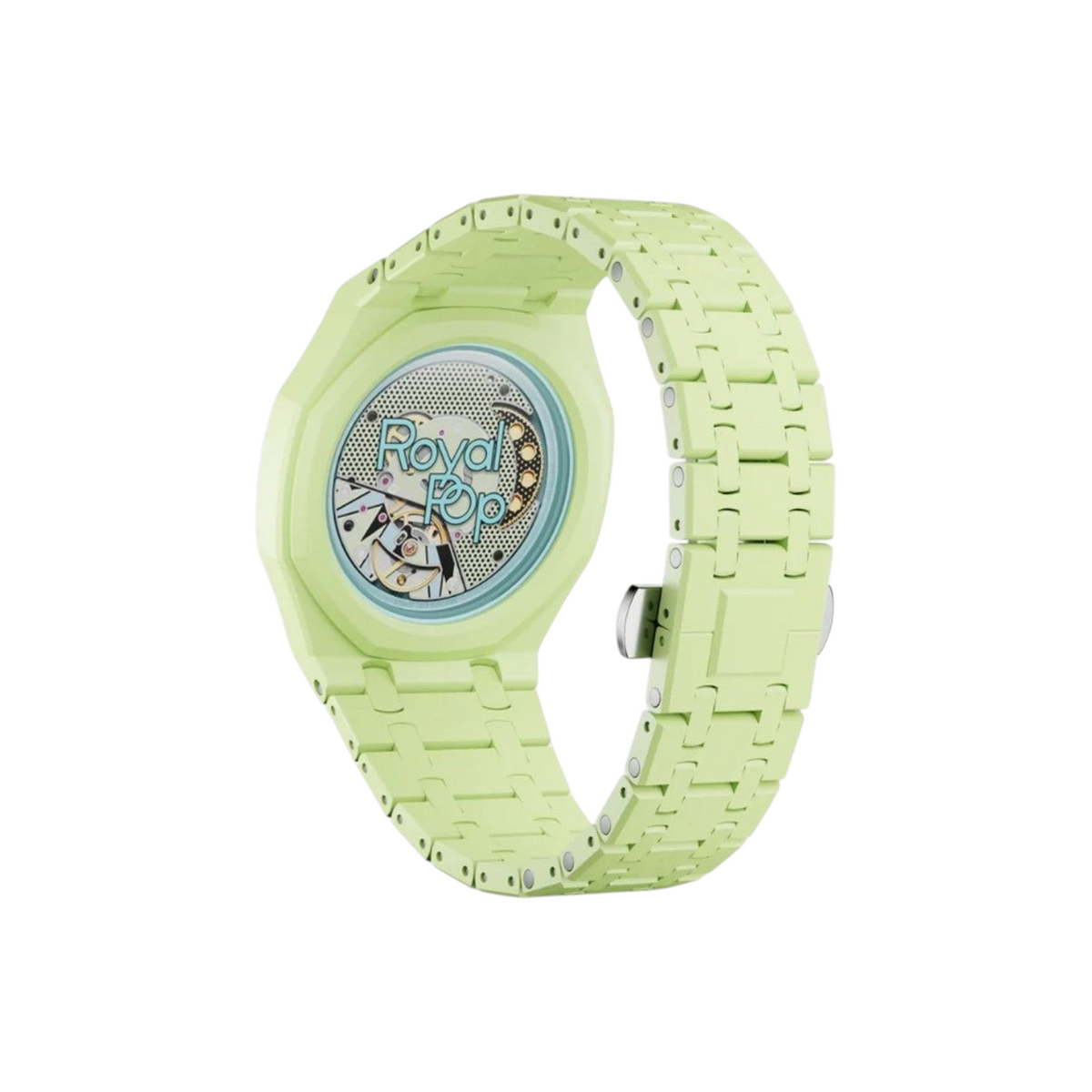 JeevzPlug Swatch X Audemars Piguet Royal Pop bioceramic watch strap in light green with octagonal case design.
