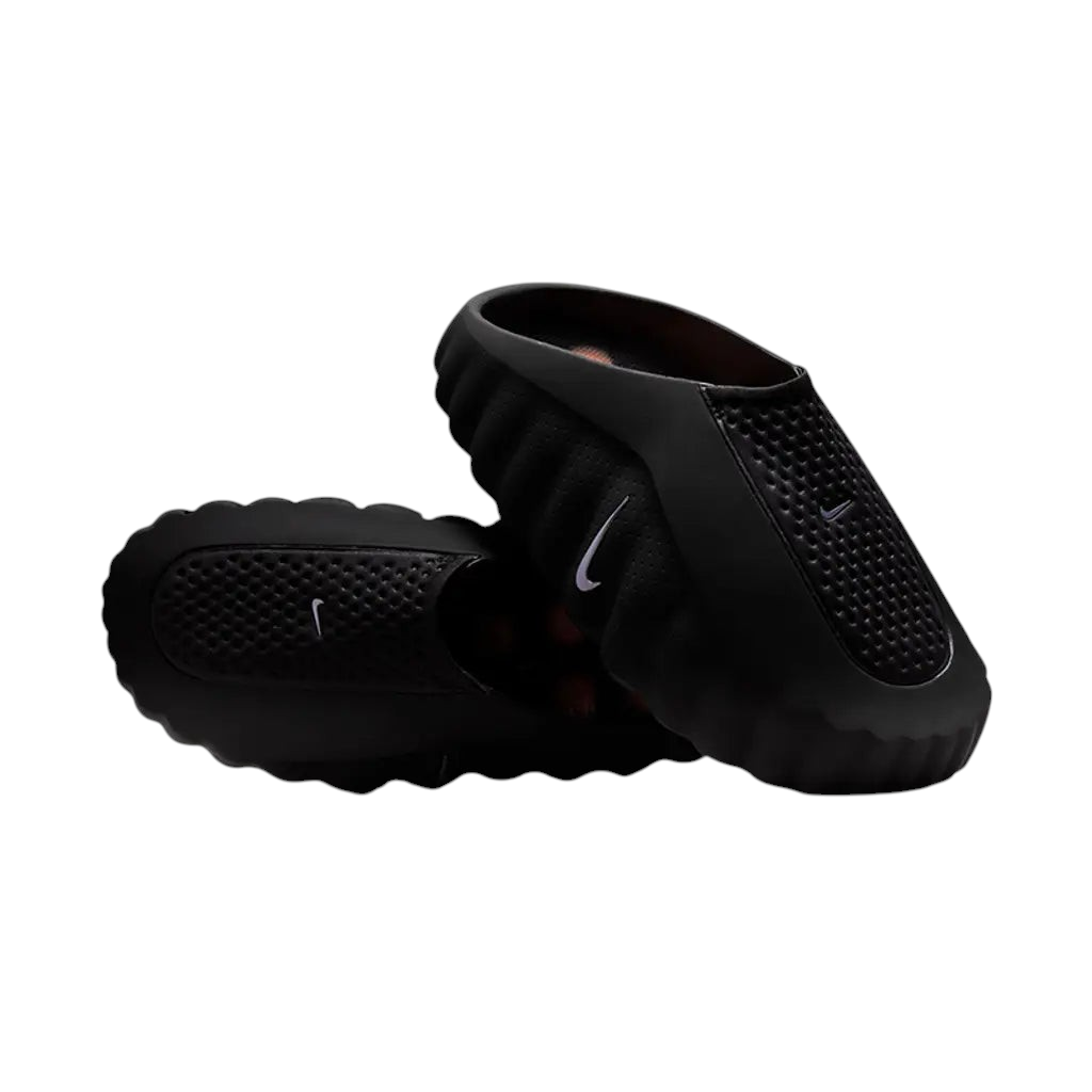 JeevzPlug Nike Mind 001 Slide in Black Chrome featuring a minimalist one-piece upper and contoured cushioned footbed.