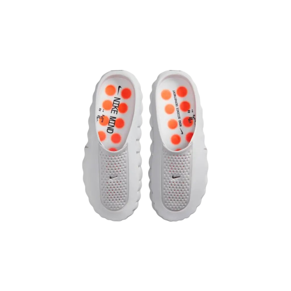 JeevzPlug Nike Mind 001 Slide in Light Smoke Grey with a perforated upper and orange circular footbed detailing.
