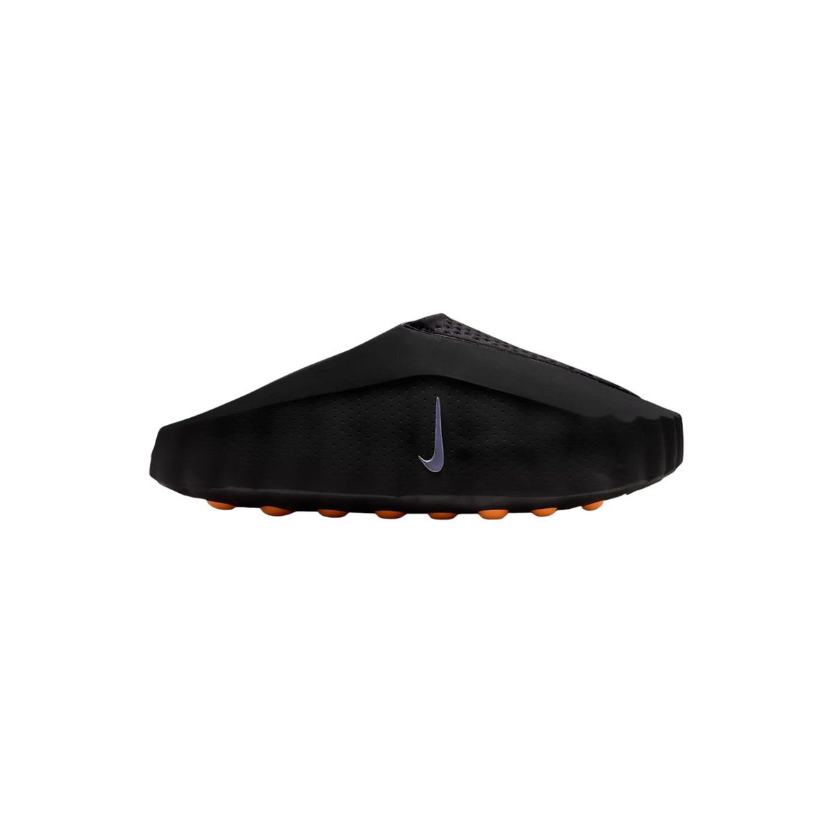 JeevzPlug Nike Mind 001 Slide in black chrome with a minimalist one-piece upper and orange textured outsole detail.