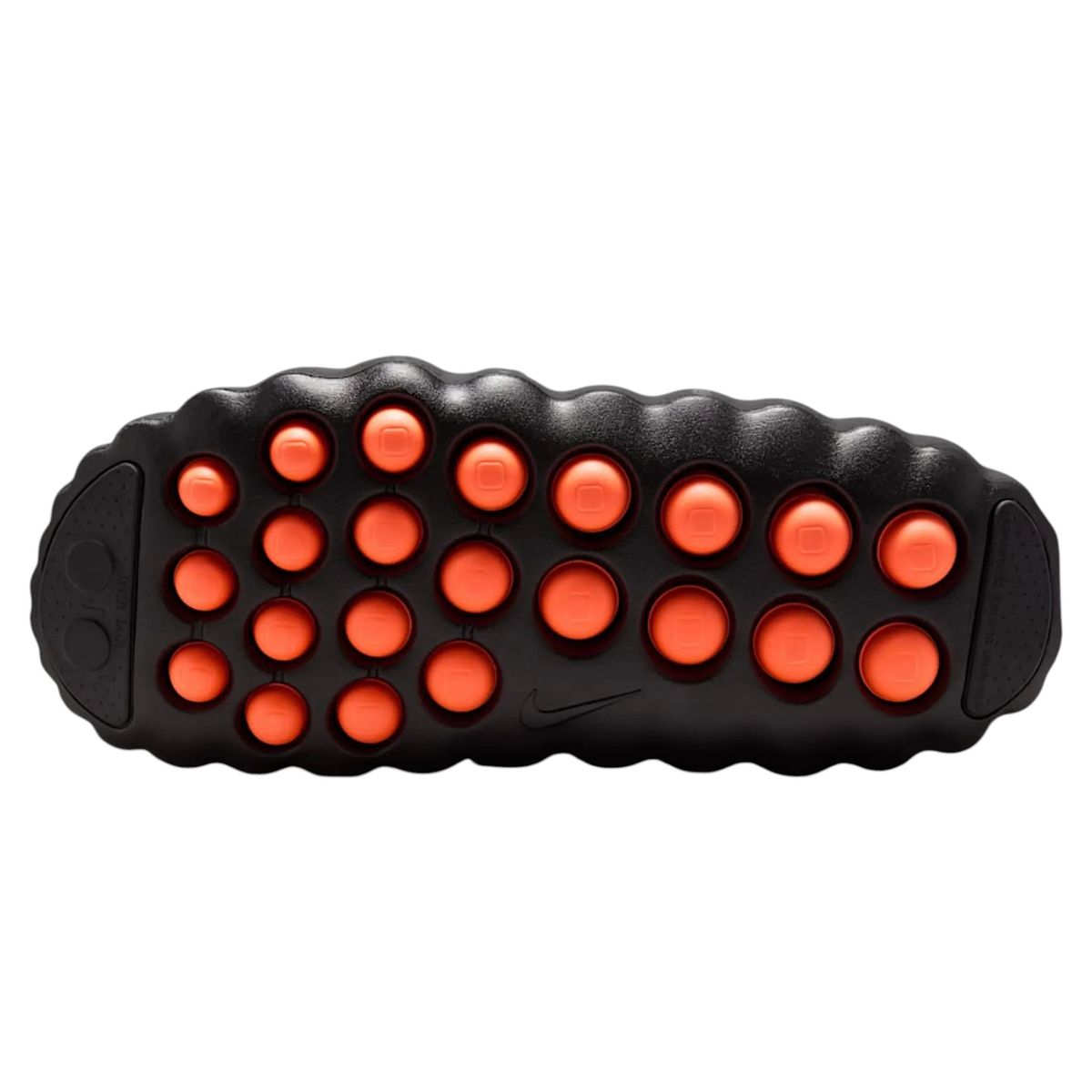 JeevzPlug Nike Mind 001 Slide in black chrome featuring a textured outsole with bright orange circular grip pods