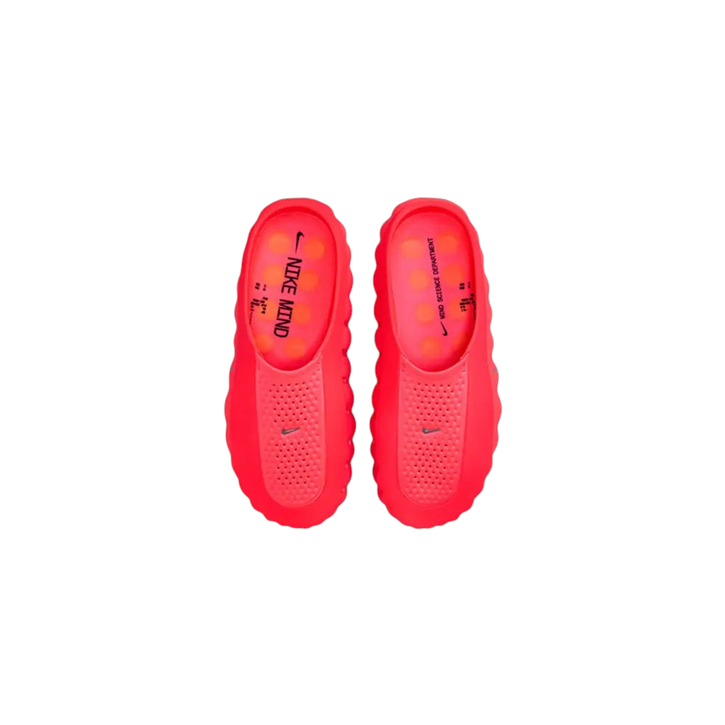 JeevzPlug Nike Mind 001 Slide in vibrant Solar Red with a sculpted one-piece upper and contoured footbed.