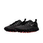 JeevzPlug Nike Mind 002 Black sneakers featuring a perforated upper, chrome swoosh, and vibrant orange outsole.