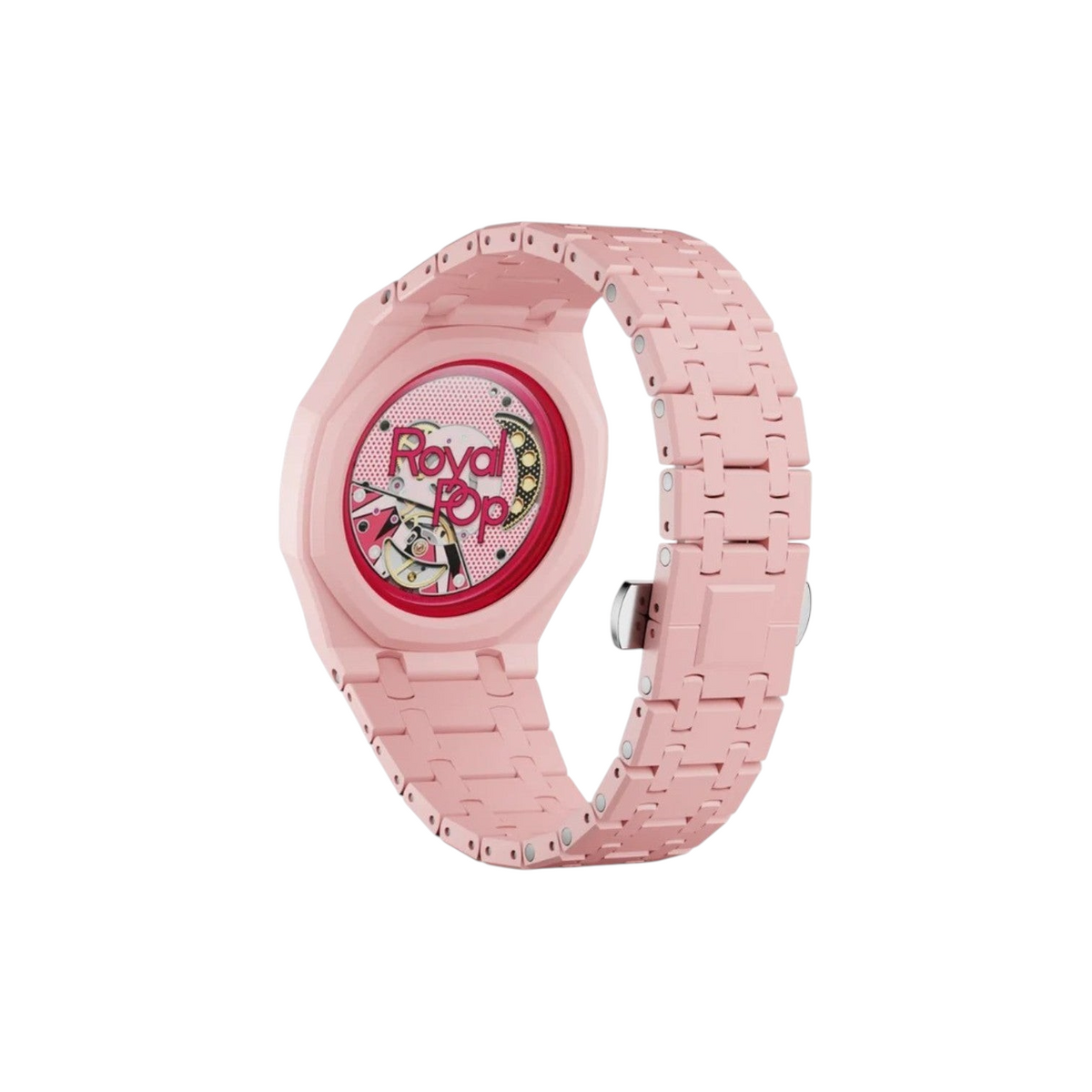 JeevzPlug Swatch X Audemars Piguet Royal Pop Otto Rosso watch in light pink bioceramic with a cherry red dial detail