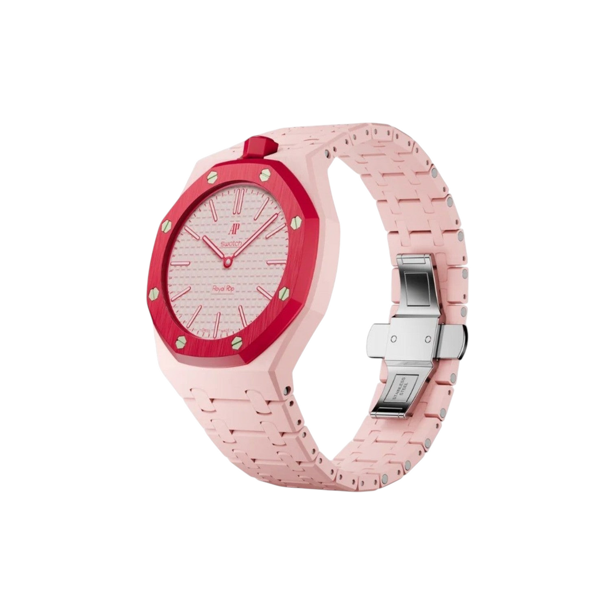 JeevzPlug Swatch X Audemars Piguet Otto Rosso watch with a cherry red bioceramic bezel and pale pink strap.